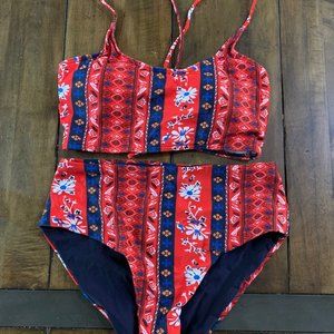 NEW Shein Red Floral Lace Up Back Bikini Swimsuit - Women's Medium